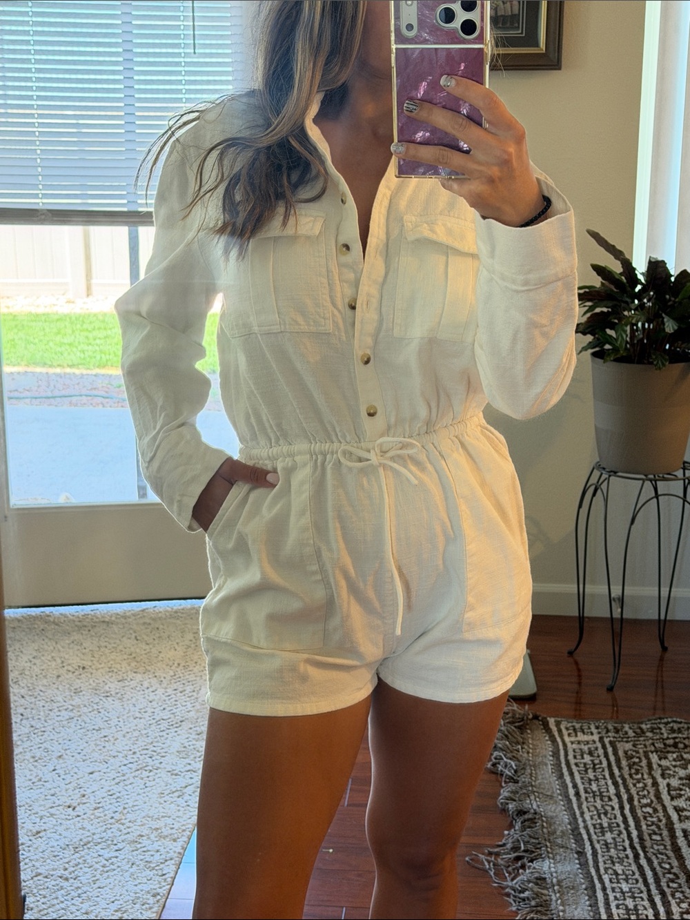 Billabong Cream Button-Front Romper with Drawstring Waist